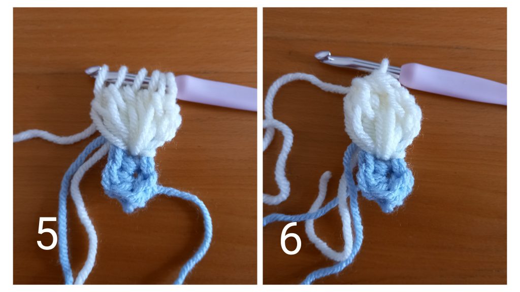 Fasten off. Attach Champagne White yarn to the same stitch you fastened off blue yarn.  Round 2: Ch 4, yarn over and go through same 1st stitch. Pull up a loop, and lift stitches up about 1.5” (3 cm) to create height; take yarn and pull through 2 loops. [Yarn over again and go through the 1st base chain once again; pull yarn to create lift once again (1.5”), take yarn and pull through 2 loops] 4 times more. Take yarn and pull through all the loops remaining on the hook (6 loops).  Chain 3, and sl stitch through the next SC from base ring.  Repeat round 2 four more times, creating a petal in all 5 SC of the base ring (there should be 5 petals in total).  Once you have completed your 5 petals, sl st through the 1st SC of the first petal to close off flower.  Fasten off, leaving a long tail for sewing flower onto cardigan.